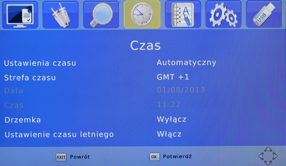 7. CZAS 1. Należy nacisnąć przycisk Menu. 2. Za pomocą przycisków /, należy przejść do opcji Czas i nacisnąć przycisk OK. 3. Naciśnięcie przycisku Exit spowoduje wyjście z menu.