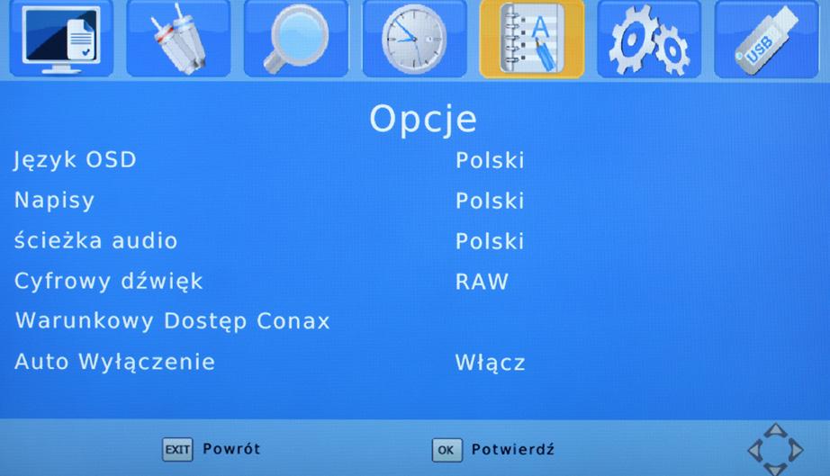 8. OPCJE 1. Należy nacisnąć przycisk Menu. 2. Za pomocą przycisków /, należy przejść do zakładki Opcje i nacisnąć przycisk OK. 3. Naciśnięcie przycisku Exit spowoduje wyjście z menu.