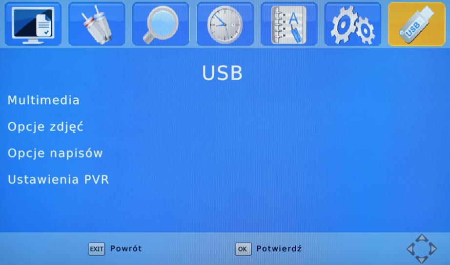 10. USB 10.1 Menu główne USB 1. Należy nacisnąć przycisk Menu. 2. Za pomocą przycisków /, należy przejść do zakładki USB i nacisnąć przycisk OK. 3. Naciśnięcie przycisku Exit spowoduje wyjście z menu.