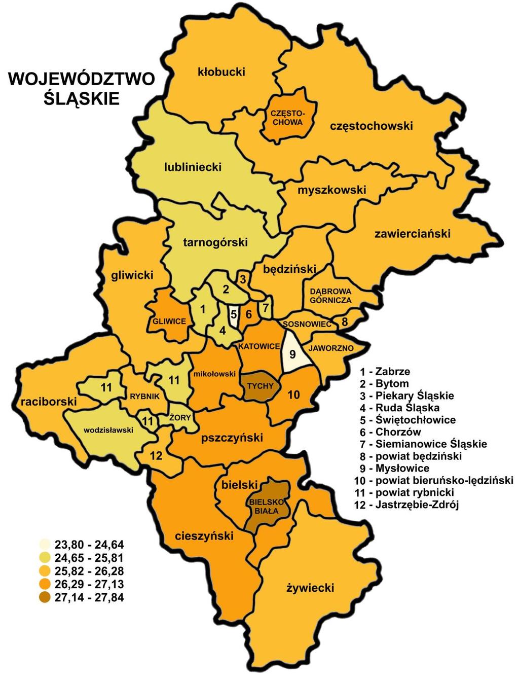 3.3. Wyniki uczniów w powiatach Zamieszczona poniżej mapa konturowa województwa śląskiego pokazuje terytorialne zróżnicowanie ze względu na średnie wyniki sprawdzianu. Mapa 1.