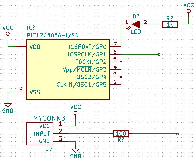 When wiring up the VCC and GND symbols, the wire should touch the bottom of the VCC symbol and the middle top of the GND