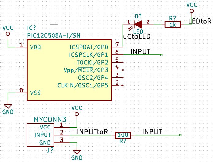 Wprowadzenie do programu KiCad 15 / 41 33. Kliknij w środku połączenia biegnącego z wyprowadzenia numer 6 mikrokontrolera. Nazwij tą etykietę INPUT. 34.