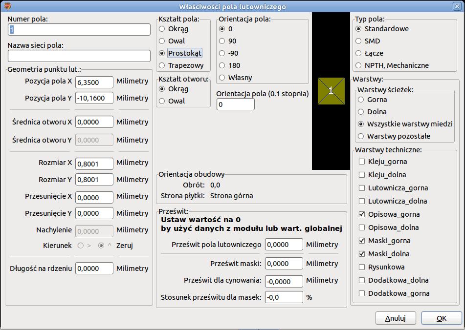 Wprowadzenie do programu KiCad 39 / 41 pad and click Edit Pad. You can otherwise use the e key shortcut. 5. Ustaw Numer pola na 1, Kształt pola na Prostokat, Typ pola na SMD, Rozmiar X na 0.