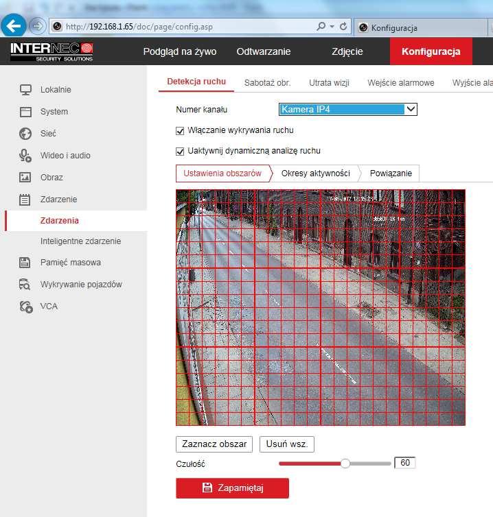 W przeciwnym wypadku należy sprawdzić ustawienia z przeglądarki lub z i7-vms. Konfiguracja detekcji ruchu. Należy zaznaczyć strefę.