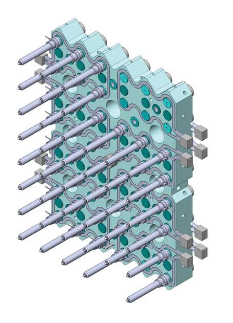 Gabaryty bloku rozdzielacza: 596x431x60. Rozdzielacz zbalansowany mechanicznie na dwóch poziomach, z ośmioma strefami regulacji temperatury.