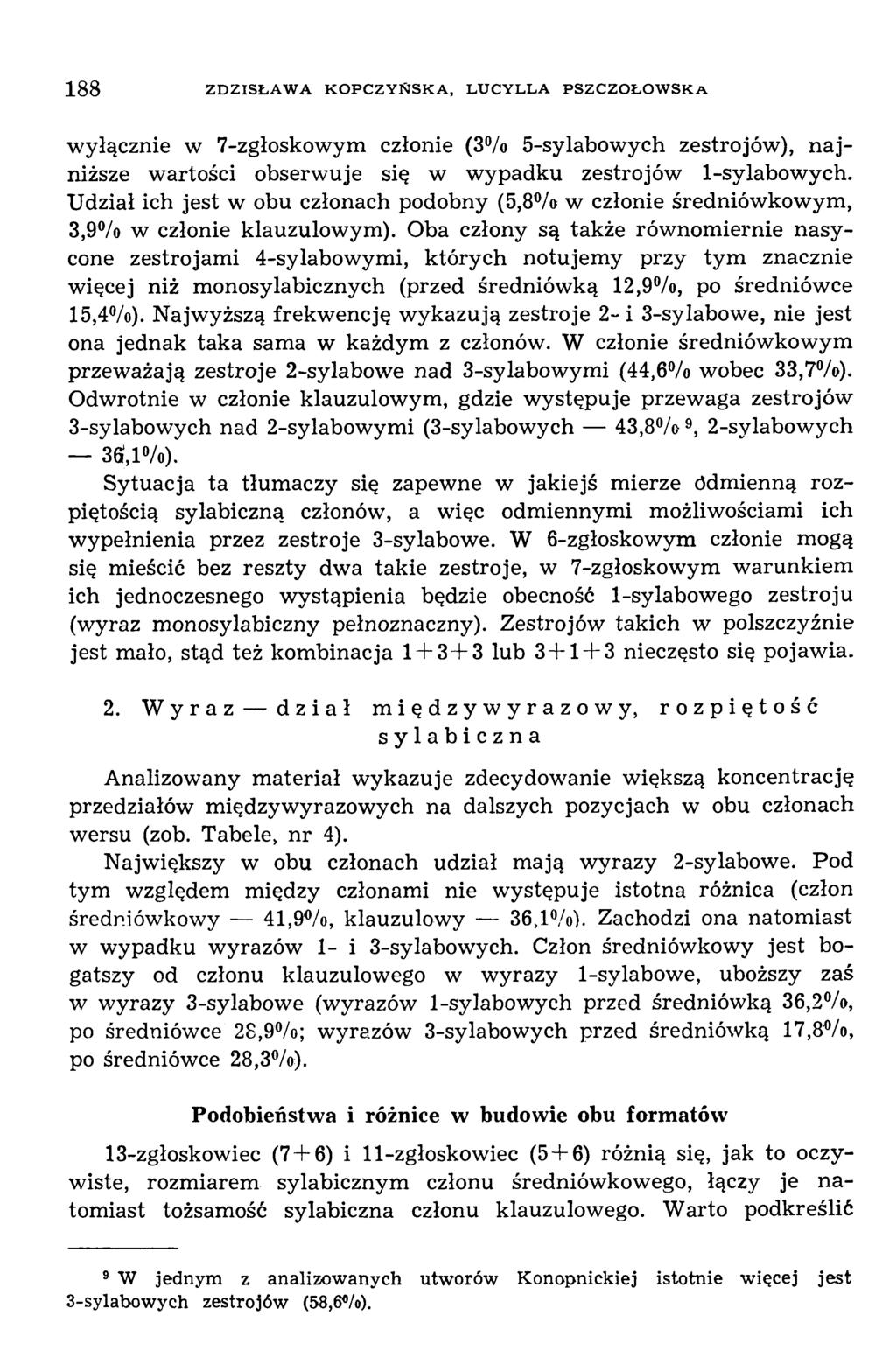 188 Z D Z ISŁ A W A K O P C Z Y Ń S K A, L U C Y L L A PSZC Z O Ł O W SK a w yłącznie w 7-zgłoskowym członie (3 /o 5-sylabow ych zestrojów), n a j niższe w artości obserw uje się w w ypadku zestrojów