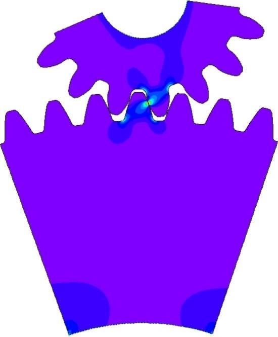 Widok ogólny i szczegół wyników obliczeń modeli koła zębatego i zębnika otrzymany na podstawie modeli: a) przestrzennych 3D, b) dwuwymiarowych 2D Po potwierdzeniu