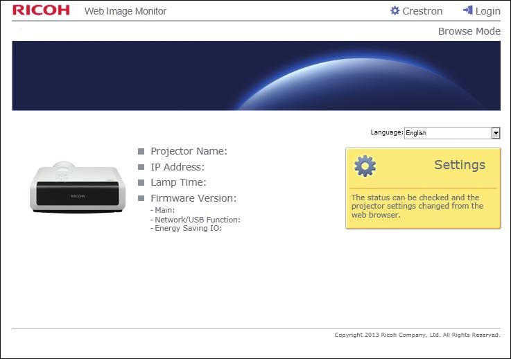 7. Obsługa 2. W pasku adresowym przeglądarki internetowej wpisz http://(adres IP projektora)/. Pojawi się główna strona programu Web Image Monitor. 1 2 3 4 5 DHY113 1.