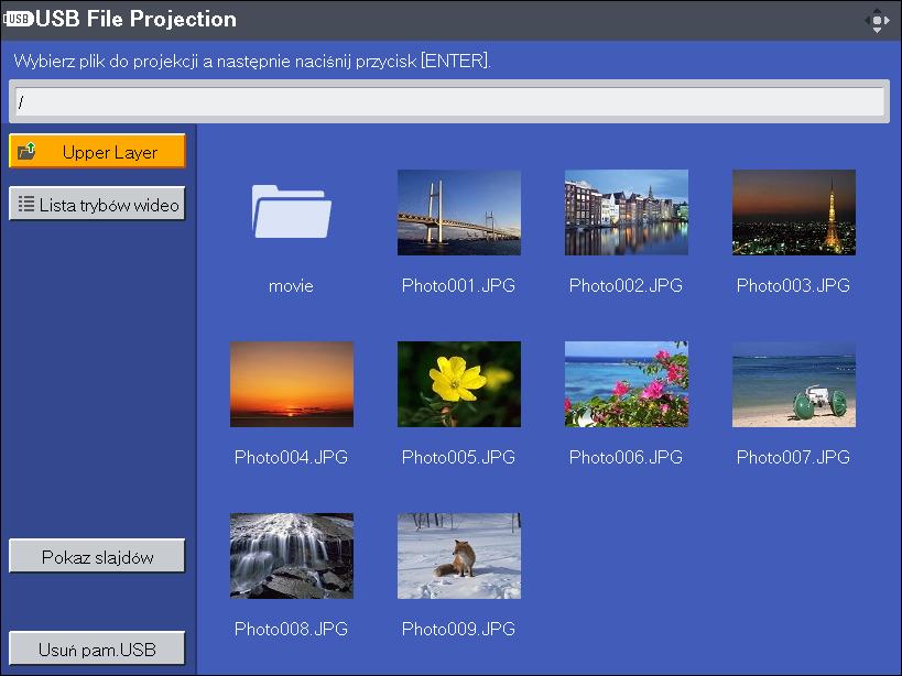 3. Wyświetlanie obrazów z urządzenia pamięci USB lub aparatu cyfrowego 2. Przełącz sygnał wejściowy na [Pamięć USB].