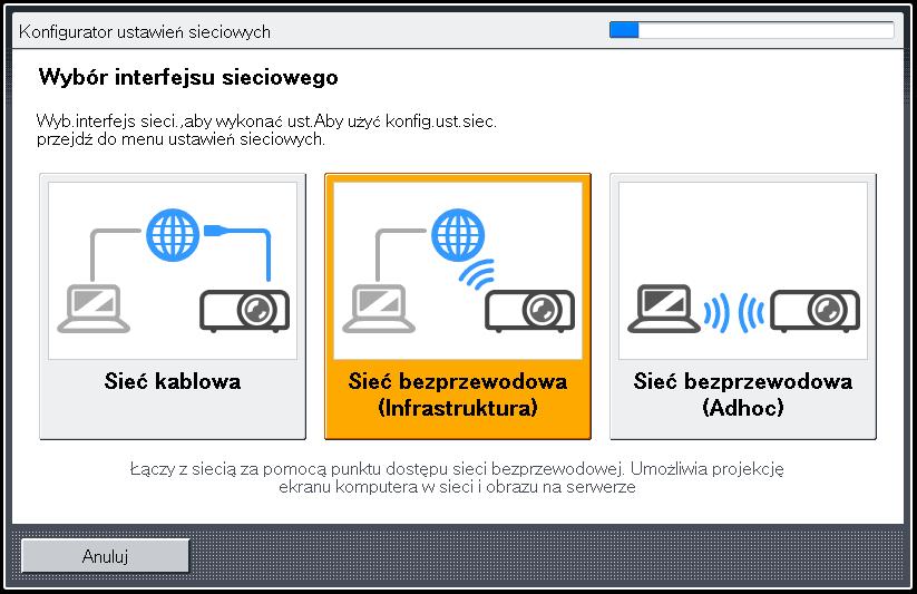 Podłączanie projektora do sieci Aby zakończyć konfigurację ustawień sieciowych, wybierz przycisk [Koniec kreatora]. Konfiguracja sieci bezprzewodowej została zakończona.