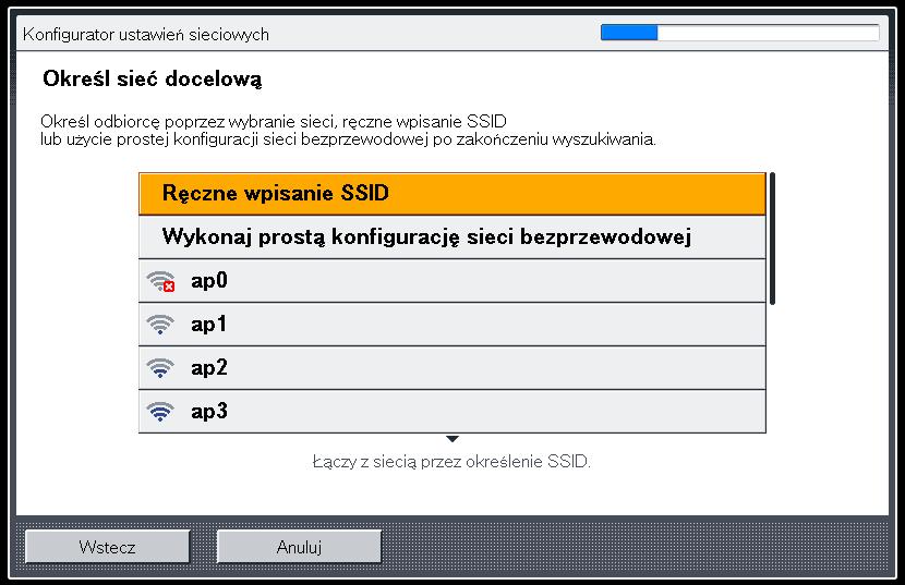 Ręczne konfigurowanie ustawień W celu uzyskania informacji wymaganych do konfiguracji sieci, takich jak SSID i klucz sieciowy, skontaktuj się z administratorem sieci. 1.