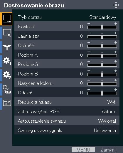 5. Zmiana ustawień projektora Niniejszy rozdział wyjaśnia ustawienia znajdujące się na ekranie menu oraz sposób zmiany ustawień. Wyświetlanie ekranu menu 1 2 3 4 5 6 7 8 CZE134 1.