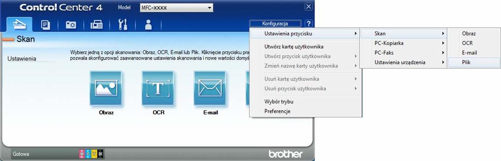 Sposób skanowania do komputera e Ustaw konfigurację skanowania. Kliknij przycisk Konfiguracja, a następnie wybierz opcje Ustawienia przycisku, Skan oraz Plik. Pojawi się okno dialogowe konfiguracji.