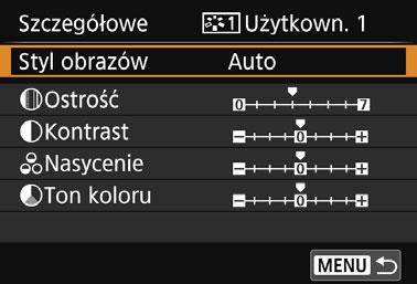 A Zapisywanie stylu obrazówk Aparat pozwala wybrać bazowy styl obrazów, np. [Portrety] lub [Krajobrazy], zmodyfikować jego parametry, a następnie zapisać go w ustawieniach [Użytkown. 1], [Użytkown.