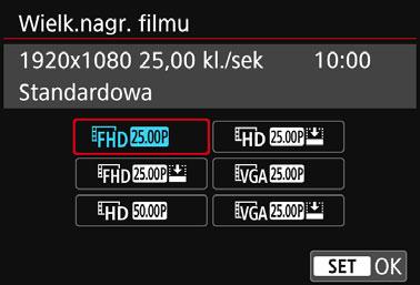 3 Ustawianie wielkości nagrywanego filmu Opcja [Z2: Wielk. nagr. filmu] pozwala ustawić wielkość nagrywanego filmu (wielkość obrazu, prędkość nagrywania i metodę kompresji) oraz inne funkcje.
