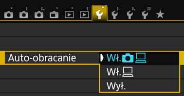 Wybierz opcję, a następnie naciśnij przycisk <0>. [Wł.zD]: pionowy obraz zostanie automatycznie obrócony podczas odtwarzania na monitorze LCD i na ekranie komputera. [Wł.D] : pionowy obraz zostanie automatycznie obrócony tylko na ekranie komputera.