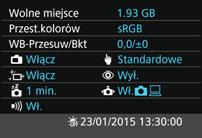 Przydatne funkcje B: Sprawdzanie ustawień aparatu Podczas wyświetlania ustawień fotografowania (str. 28) można sprawdzić aktualne ustawienia głównych funkcji aparatu, naciskając przycisk <B>.