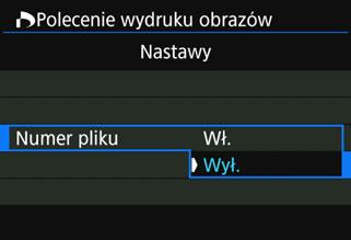 Ustawianie opcji drukowania 1 2 Wybierz pozycję [Polecenie wydruku obrazów]. Na karcie [x1] wybierz pozycję [Polecenie wydruku obrazów], a następnie naciśnij przycisk <0>. Wybierz pozycję [Nastawy].