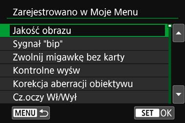 Aby wrócić do ekranu wyświetlanego w punkcie 2, naciśnij przycisk <M>. Sortuj Umożliwia zmianę kolejności pozycji zapisanych na ekranie Moje Menu.