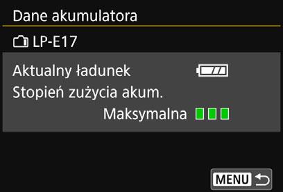 Zostanie wyświetlona ikona stanu akumulatora (str. 41). O stopniu zużycia akumulatora informują trzy poziomy wydajności. (Zielony) : Niski stopień zużycia akumulatora.