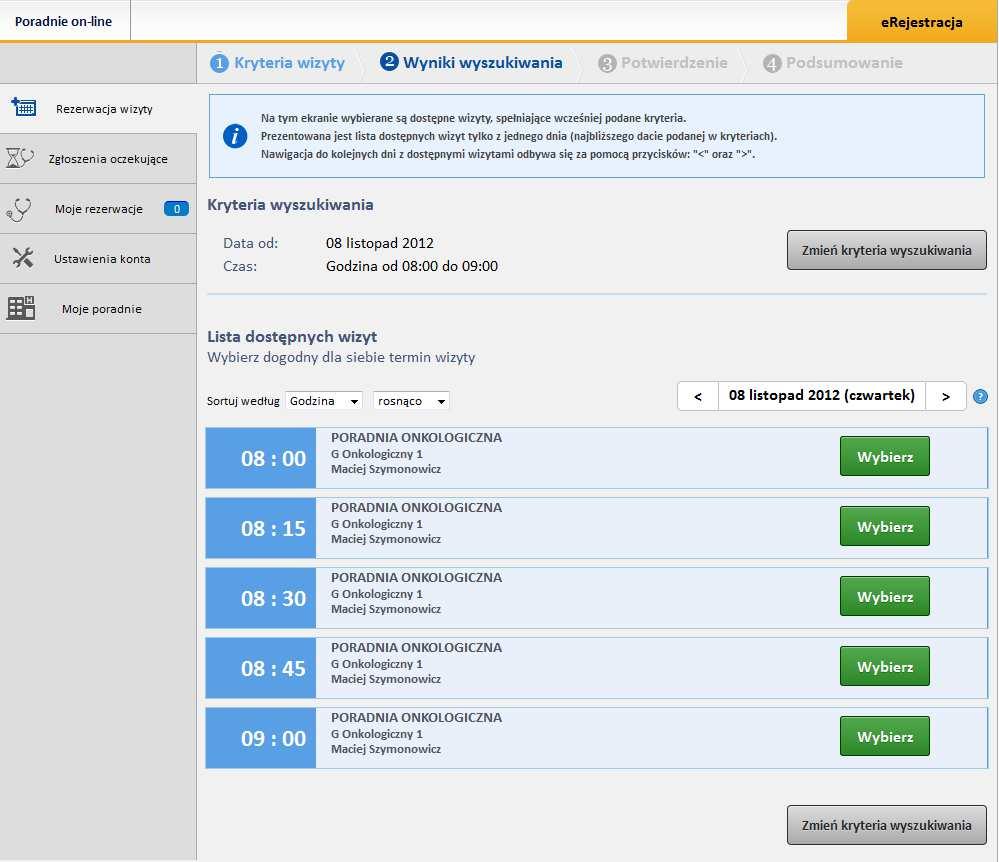 Na liście wynikowej widnieją wizyty tylko z jednego dnia posortowane wg godziny. Kliknięcie w strzałkę przy polu daty przesuwa listę wizyt do przodu lub do tyłu.