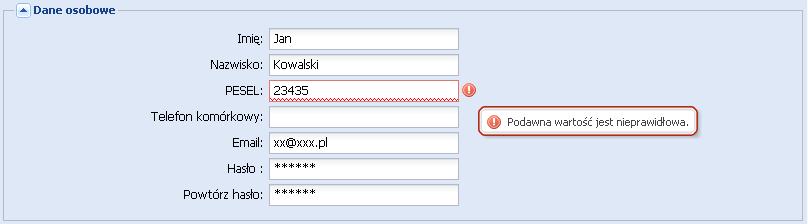 Rys. 4. Niewypełnione wymagane pola PESEL i Email. 2.1.2. Nieprawidłowo wypełnione pola. JeŜeli dane w polach zostaną uzupełnione nieprawidłowo, wówczas System nie pozwoli na zarejestrowanie się.