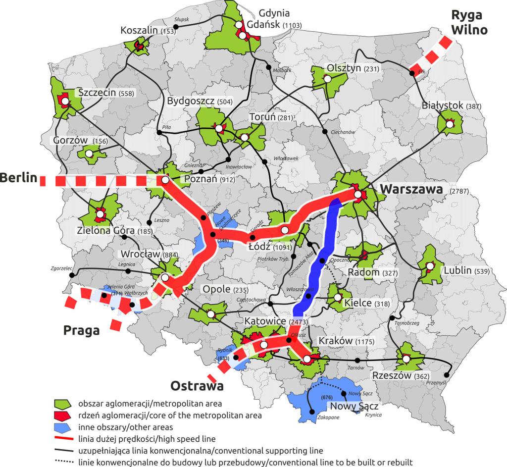 Sieć szybkich połączeń kolejowych w skali całego kraju Sieć z wykorzystaniem linii dużych prędkości obejmie