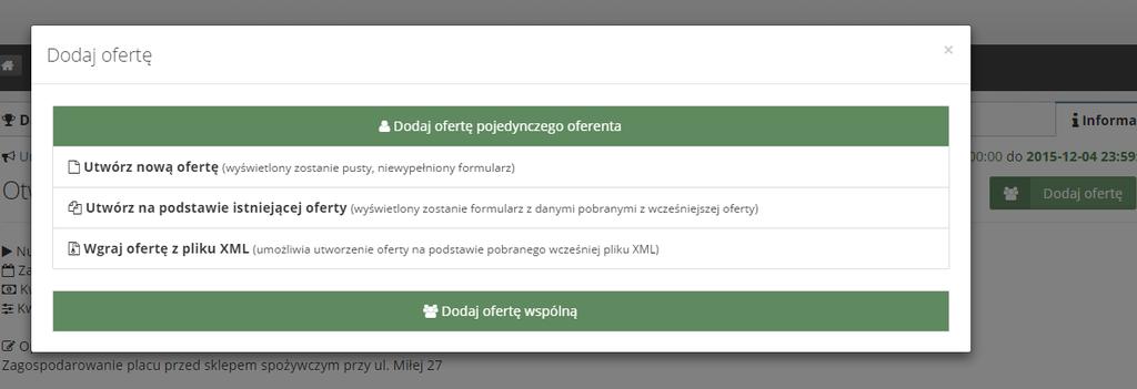 Wybieramy ten, do którego chcemy złożyć ofertę, klikając na jego nazwę. W nowym widoku Informacje o konkursie po prawej stronie u góry odnajdziemy zielony przycisk Dodaj ofertę.