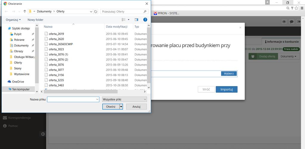 Aby wgrać ofertę z pliku klikamy na Wybierz. W nowo otwartym oknie wybieramy miejsce, w którym zapisaliśmy naszą poprzednio składaną ofertę. Po zaznaczeniu tej oferty klikamy Otwórz.