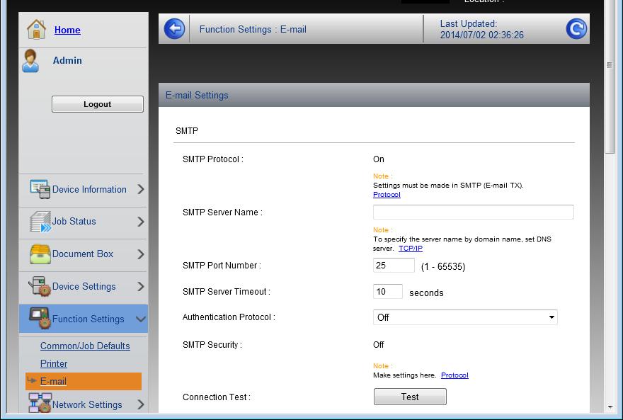 Przygotowanie przed rozpoczęciem użytkowania 6 W menu Function Settings wybierz opcję E-mail. 7 Wprowadź elementy SMTP i E-mail Send Settings.