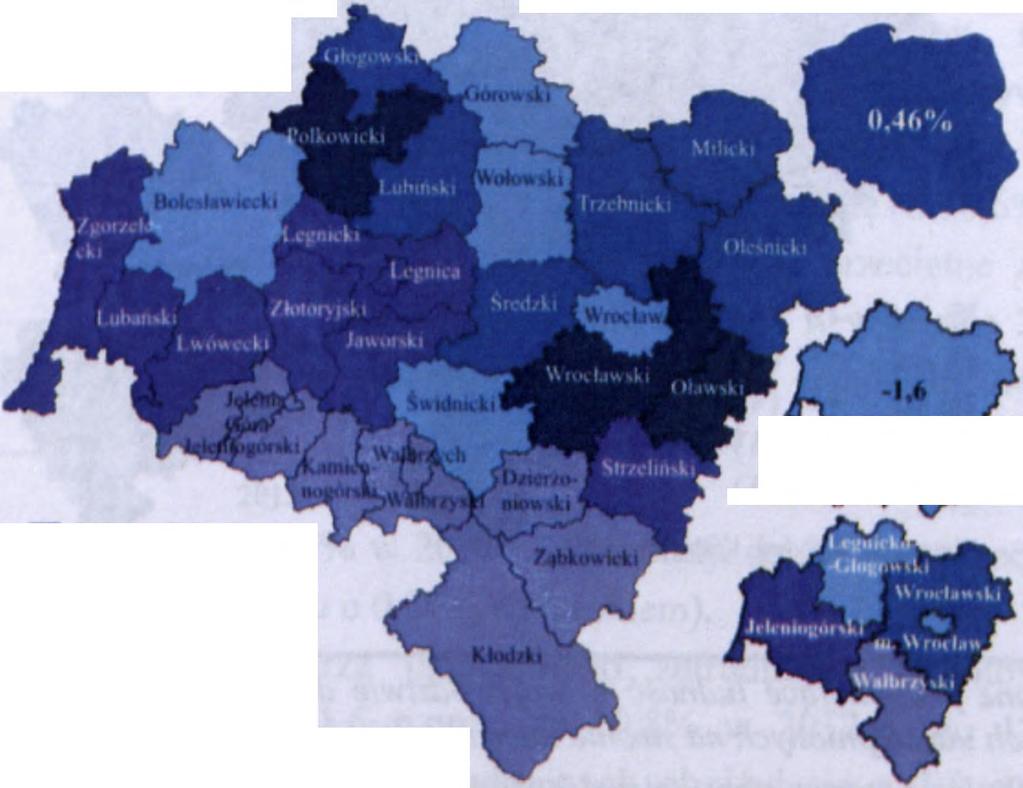 Wroclaw się na poziomie minus 0,46%o (wobec 0,04%o w 2012 r.). W miastach rejestrowano więcej zgonów niż urodzeń żywych (o 4268), natomiast na wsi więcej urodzeń niż zgonów (o 425).