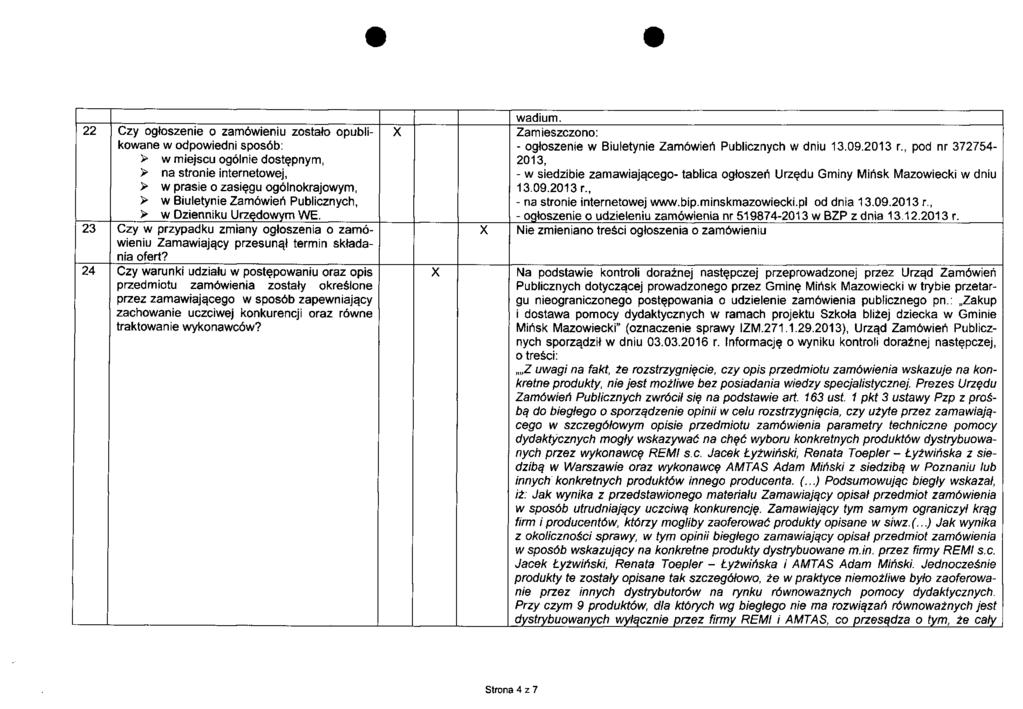 22 Czy ogłoszenie o zamówieniu zostało opublikowane w odpowiedni sposób: > w miejscu ogólnie dostępnym, > na stronie internetowej, > w prasie o zasięgu ogólnokrajowym, > w Biuletynie Zamówień