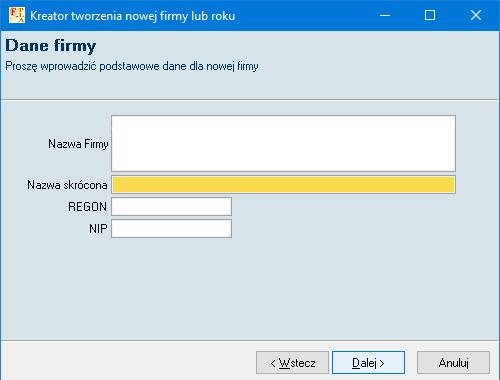 Jeśli chcemy stworzyć zupełnie nową firmę wybieramy opcję Dane zerowe.