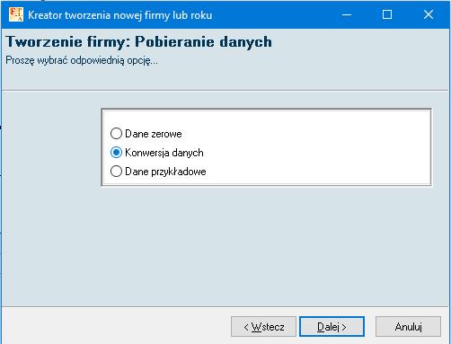 3.1. Tworzenie nowej firmy z konwersją danych Aby wykonać konwersję danych przy tworzeniu nowej firmy wybieramy przycisk "INS nowa firma/rok" i przechodzimy