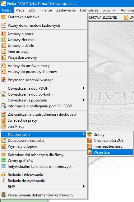 4.3. Wprowadzanie nieobecności pracowników i zleceniobiorców Program Finka-Płace w wersji Windows umożliwia wygodne