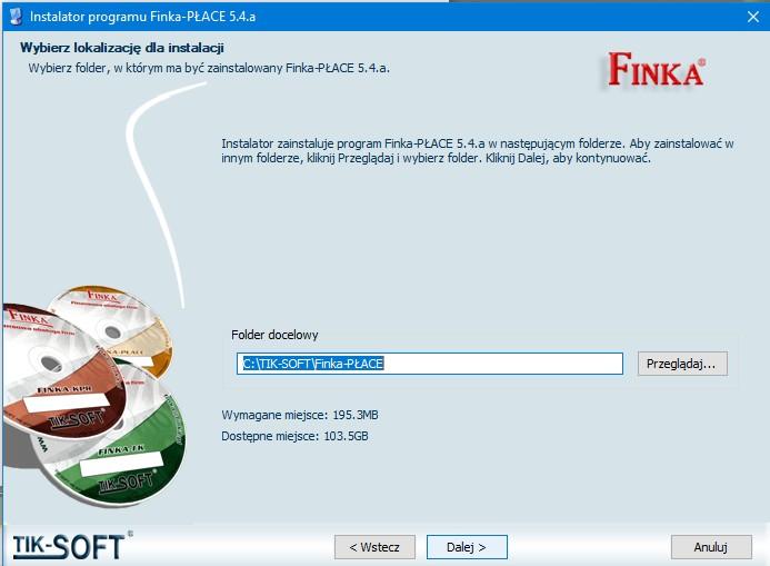 W następnym oknie kreator proponuje domyślną ścieżkę instalacji programu C:\TIK-SOFT\Finka-PŁACE.