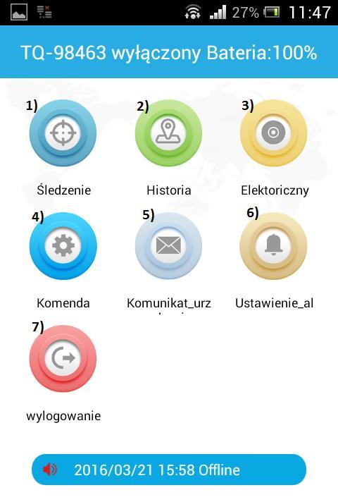 VI. Ekran główny aplikacji mobilnej 1) Śledzenie lokalizatora w czasie rzeczywistym (Znajdź konkretną lokalizację GPS w menu śledzenia w czasie rzeczywistym.