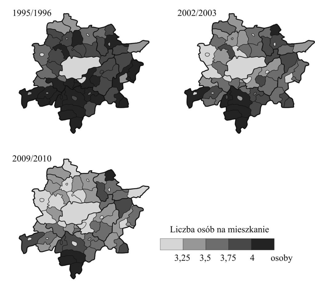 - Zmiany warunków mieszkaniowych w regionie miejskim Krakowa - godziwe warunki zamieszkania w mieście centralnym przez poprawiające swój status materialny klasy średnie (Murator 2004).