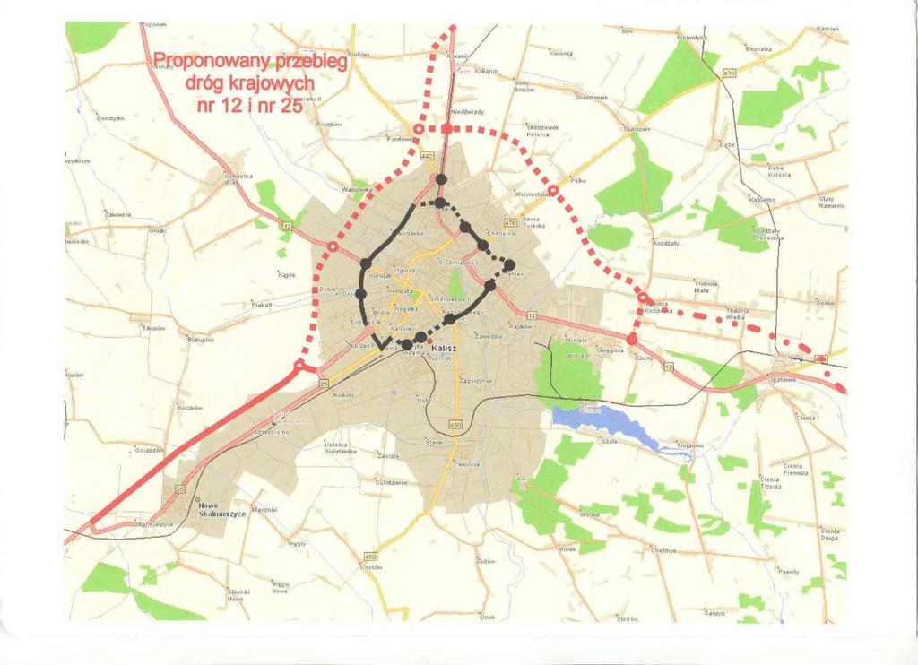 Docelowy kształt systemu obwodnic przedstawia poniższa mapa. Mapa. 10. Docelowy przebieg obwodnic w Kaliszu Źródło: ZDM Kalisz.