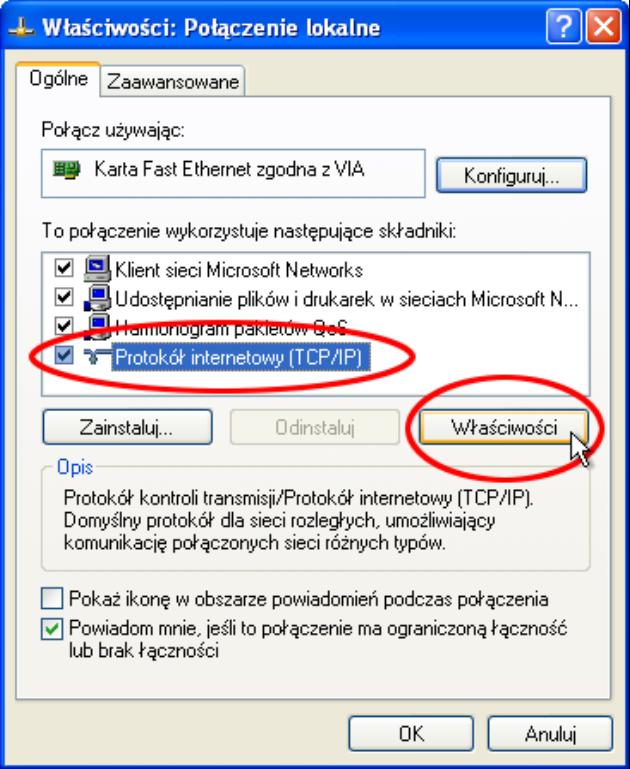 W kolejnym oknie z listy dostępnych usług należy zaznaczyć Protokół internetowy TCP/IP i znów wybrać jego właściwości: Uzyskuje się dzięki temu dostęp