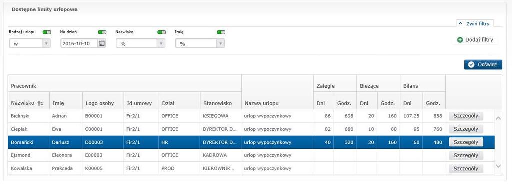 5.3. Dostępne limity urlopowe. Funkcjonalność Dostępne limity urlopowe zawiera informacje o przysługujących kierownikowi i osobom podwładnym limitach urlopowych.