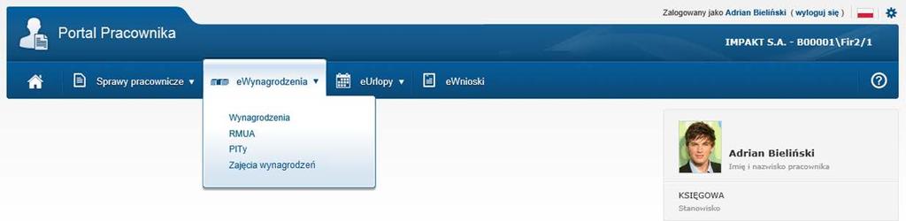 4. ewynagrodzenia. Grupa menu ewynagrodzenia umożliwia dostęp do funkcjonalności: Wynagrodzenia RMUA Zajęcia wynagrodzeń PITy Rys. 19 Menu ewynagrodzenia 4.1. Wynagrodzenia. Funkcjonalność Wynagrodzenia pozwala na przeglądanie wypłaconych wynagrodzeń.