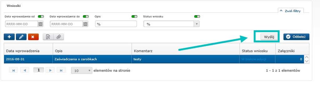 Po zarejestrowaniu, pracownik kieruje wniosek do akceptacji za pomocą przycisku. Rys.