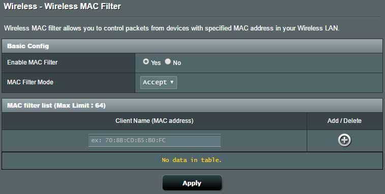 4.1.4 Wireless MAC Filter (Filtr adresów MAC urządzeń bezprzewodowych) Pozycja Wireless MAC Filter (Filtr adresów MAC urządzeń bezprzewodowych) zapewnia kontrolę nad pakietami przesyłanymi na