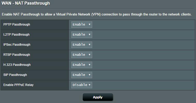 4.3.6 NAT Passthrough (Przekazywanie NAT) Funkcja NAT Passthrough (Przekazywanie NAT) umożliwia przekazywanie połączeń wirtualnej sieci prywatnej (VPN) przez router do klientów sieciowych.