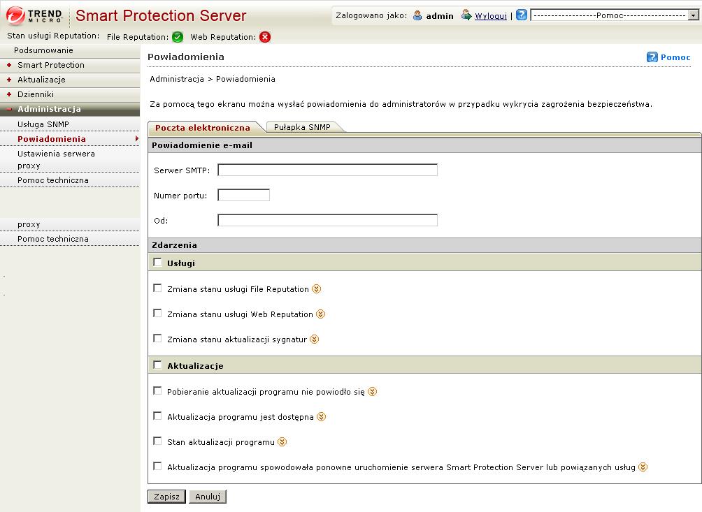 Trend Micro Smart Protection Server dla OfficeScan 10.5 Podręcznik Wprowadzenie Konfiguracja Powiadomień przez e-mail Aby skonfigurować powiadomienia e-mail: ŚCIEŻKA: ADMINISTRACJA > POWIADOMIENIA 1.