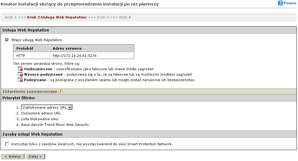 Środowisko rozwiązań Smart Protection 4. Zaznacz pole wyboru Włącz usługę Web Reputation, by zacząć korzystać z usługi Web Reputation. RYSUNEK 3-14. Konfiguracja ustawień usługi Web Reputation 5.