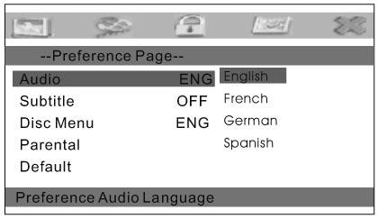 Ustawienia preferencji DVD-052 Dual Screen Player Audio Opcja ta pozwala na wybór języka audio dla DVD. Językiem domyślnym jest angielski.