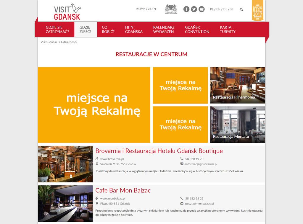 Reklama płatna dla restauracji Podstrona z restauracjami na stronie tematycznej portalu Reklamy znajdują się w grupie wyeksponowanych