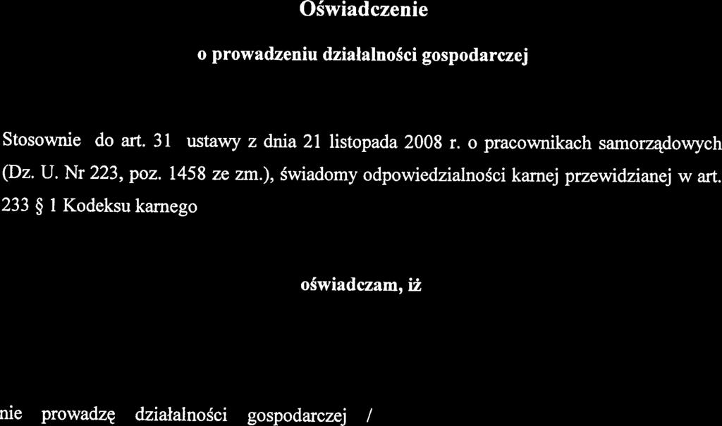 OSwiadczenie o prowadzeniu dzialalnofci gospodarczej Stosownie do art.